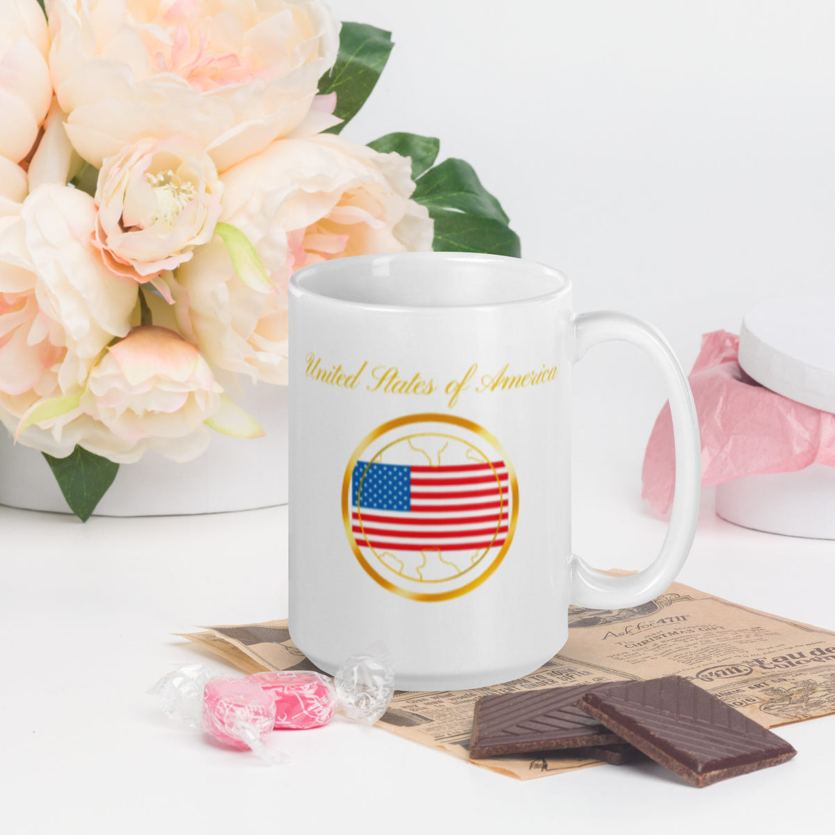 USA flag double-sided ceramic mug, 15 oz, handle on the right — World Reps Apparel