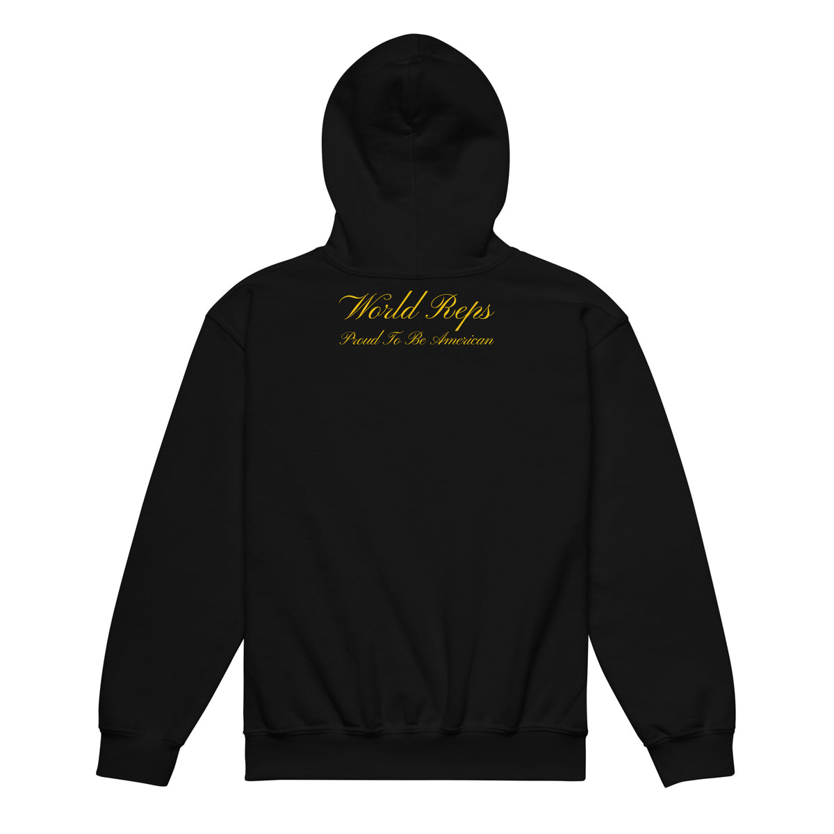 USA Patriot kids pullover hoodie in black, back view — World Reps Apparel