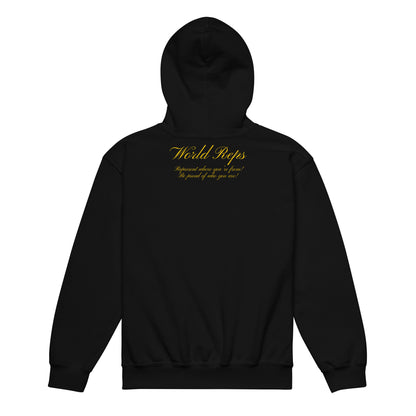 USA Unity kids pullover hoodie in black, back view — World Reps Apparel