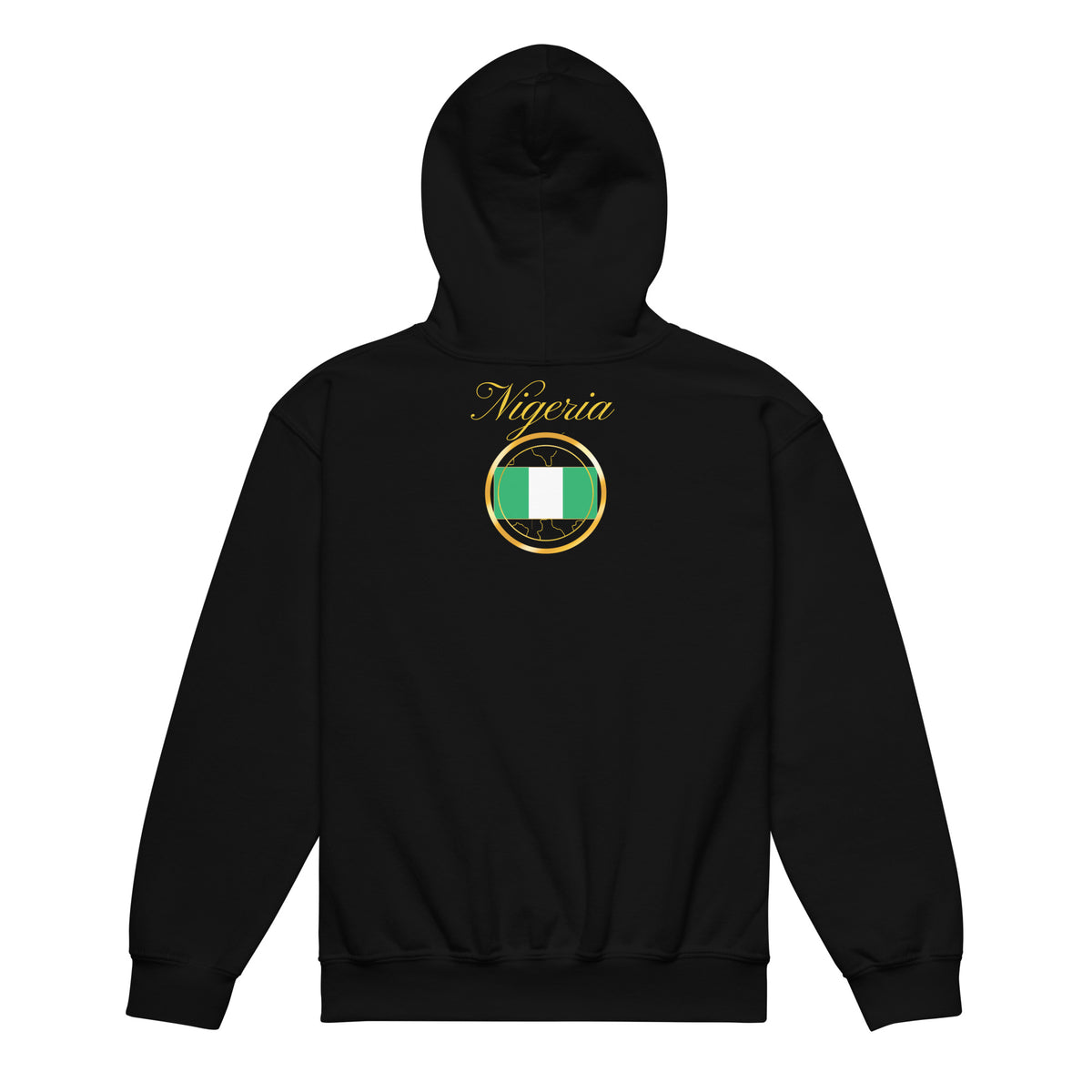 Nigeria Trinity kids pullover hoodie in black, back view — World Reps Apparel