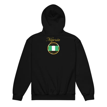Nigeria Trinity kids pullover hoodie in black, back view — World Reps Apparel