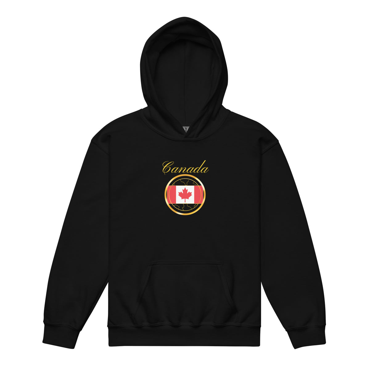 Canada Unity kids pullover hoodie in black, front view — World Reps Apparel