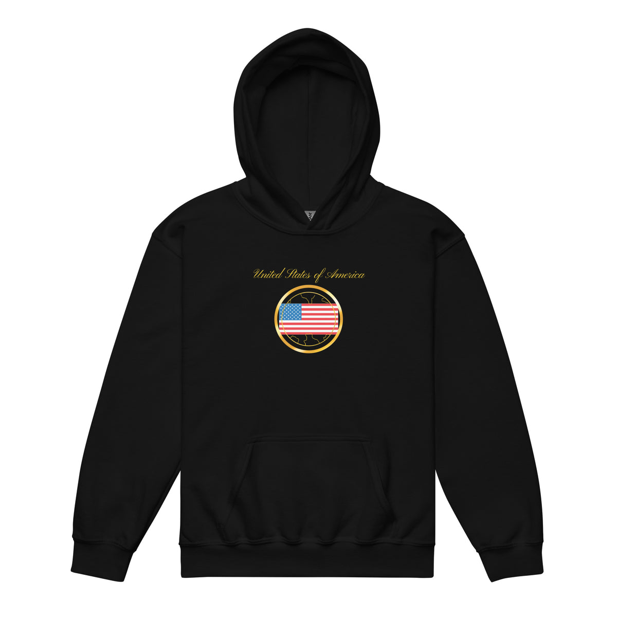 USA Unity kids pullover hoodie in black, front view — World Reps Apparel