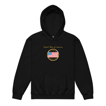 USA Unity kids pullover hoodie in black, front view — World Reps Apparel