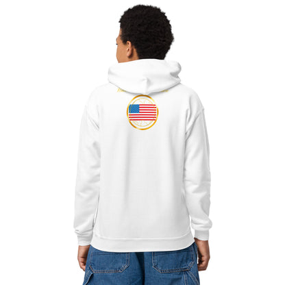 USA Trinity kids pullover hoodie in white, back view — World Reps Apparel
