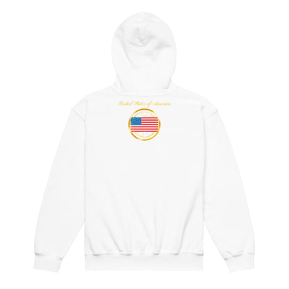USA Trinity kids pullover hoodie in white, back view, second image — World Reps Apparel