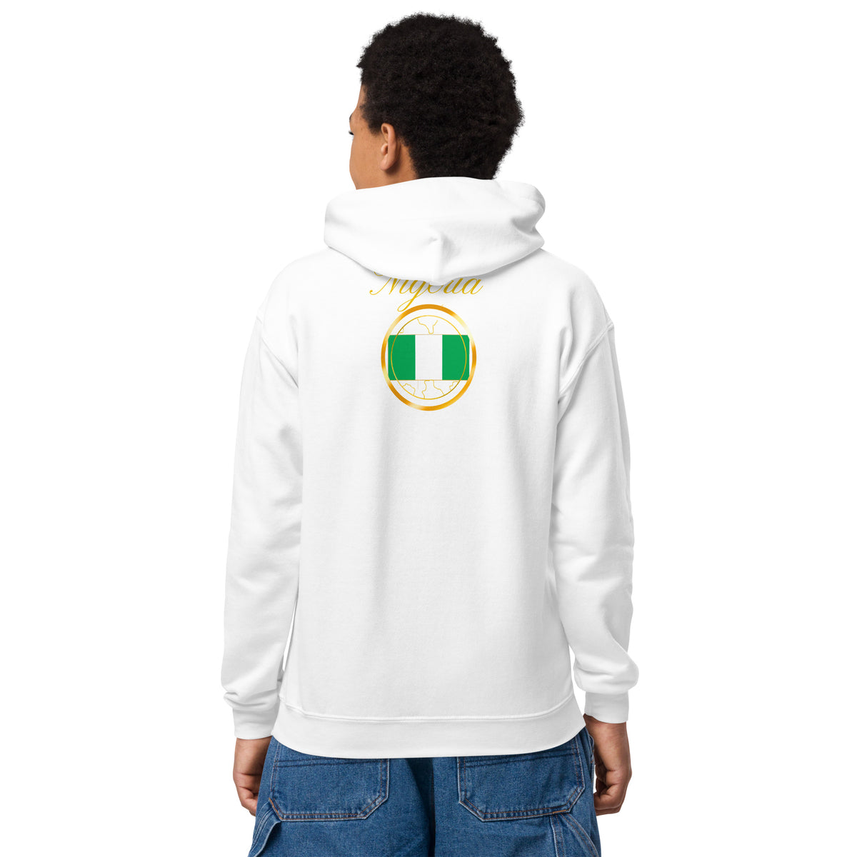 Nigeria Trinity kids pullover hoodie in white, back view — World Reps Apparel