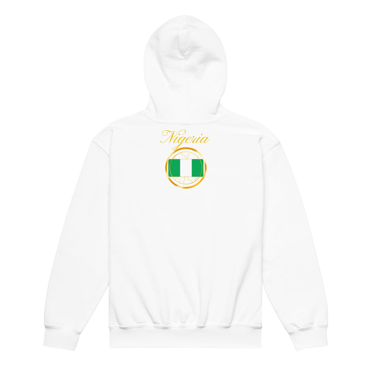 Nigeria Trinity kids pullover hoodie in white, back view, second image — World Reps Apparel