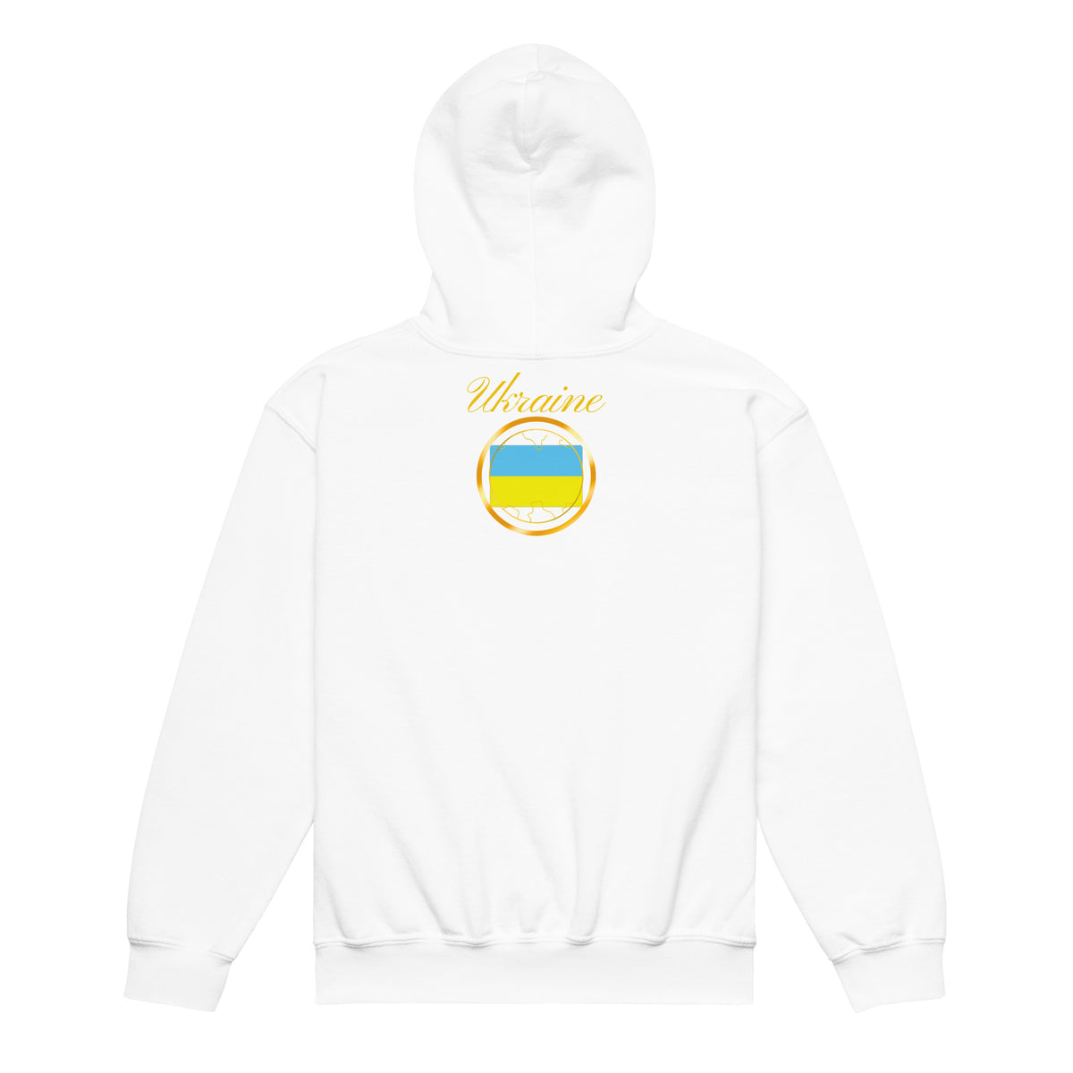 Ukraine Trinity kids pullover hoodie in white, back view, second image — World Reps Apparel