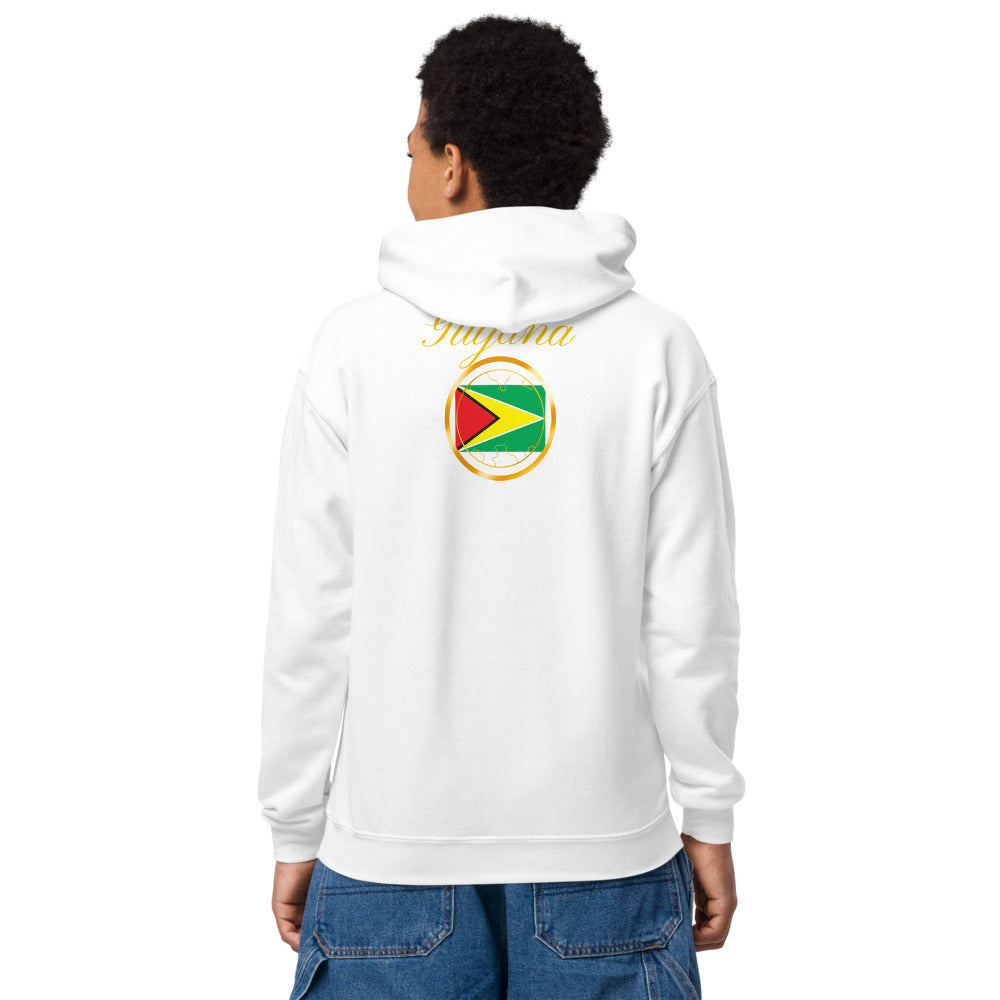 Guyana Trinity kids pullover hoodie in white, back view — World Reps Apparel