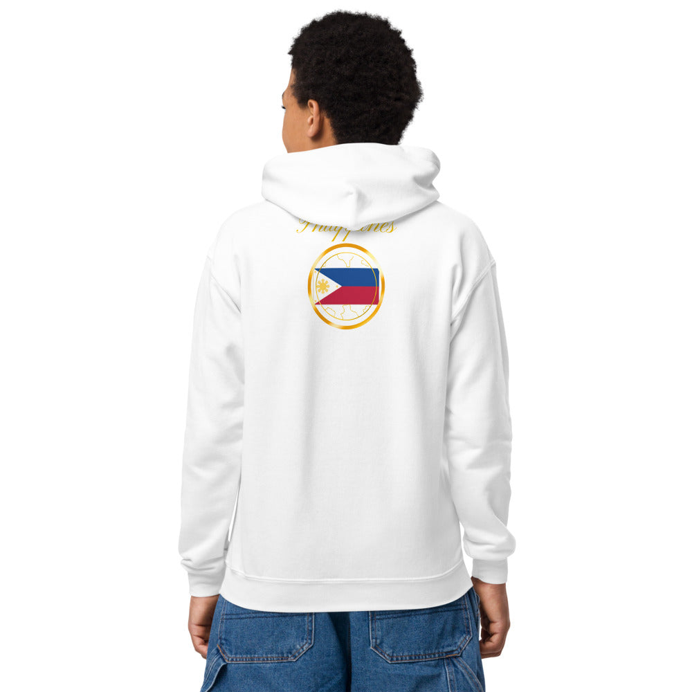 Philippines Trinity kids pullover hoodie in white, back view — World Reps Apparel