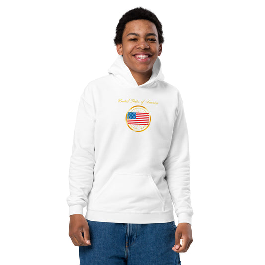 USA Unity kids pullover hoodie in white, front view — World Reps Apparel