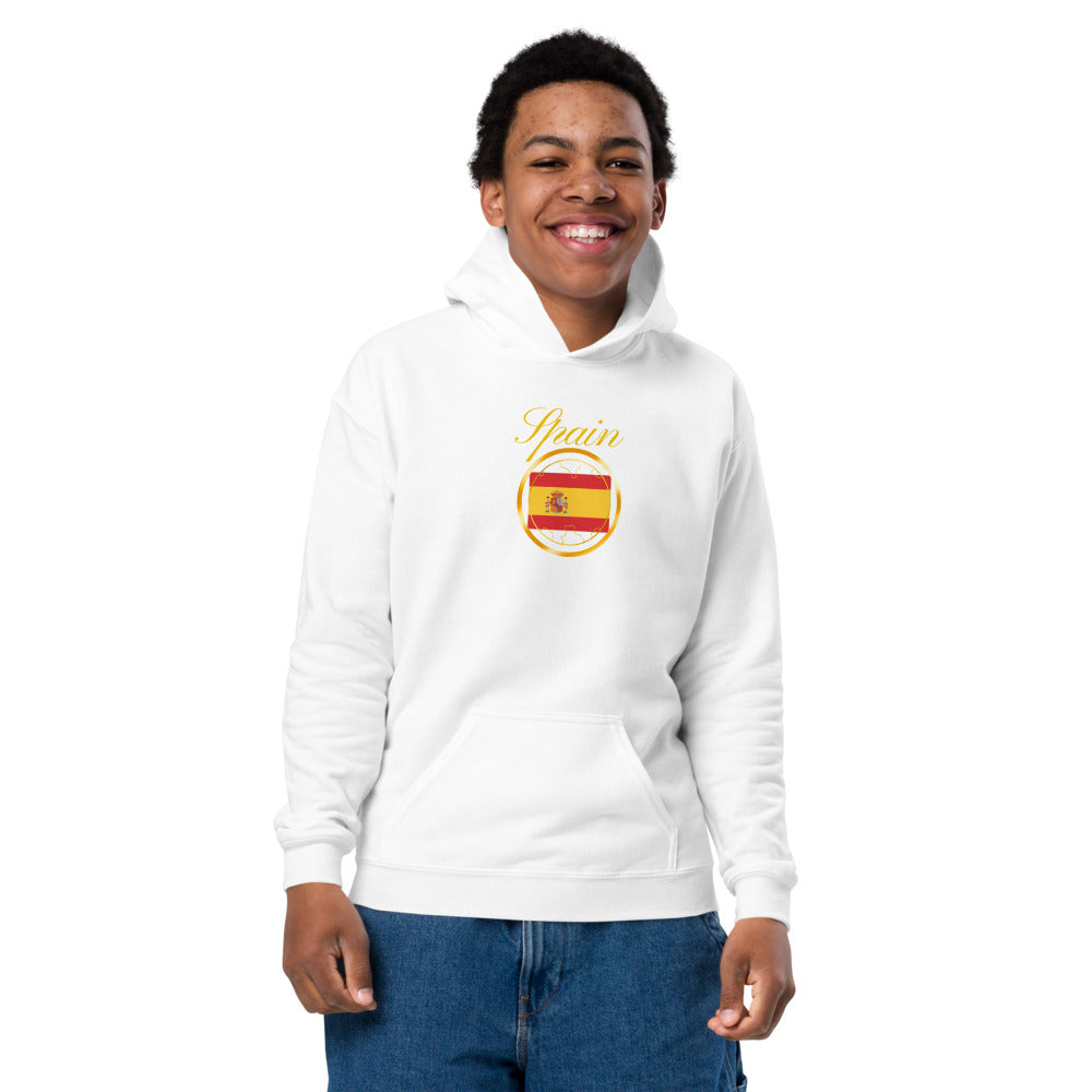 Spain Unity kids pullover hoodie in white, front view — World Reps Apparel