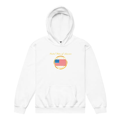 USA Patriot kids pullover hoodie in white, front view, second image — World Reps Apparel