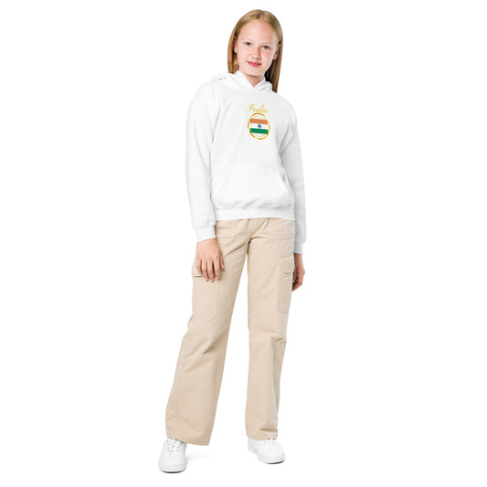 India Patriot kids pullover hoodie in white, front view — World Reps Apparel
