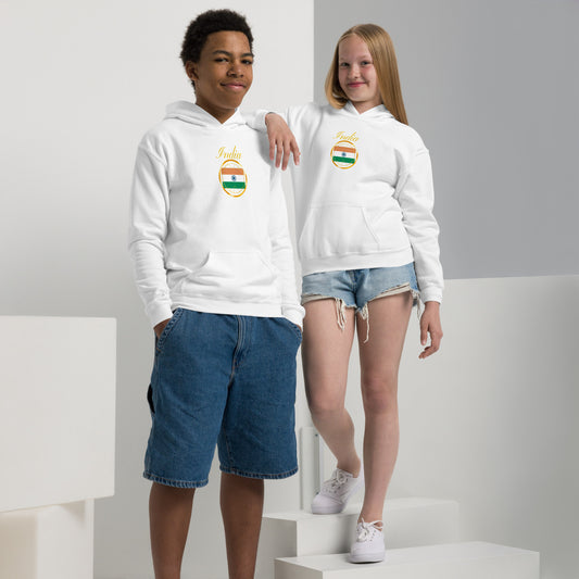 India Unity kids pullover hoodie in white, front view — World Reps Apparel